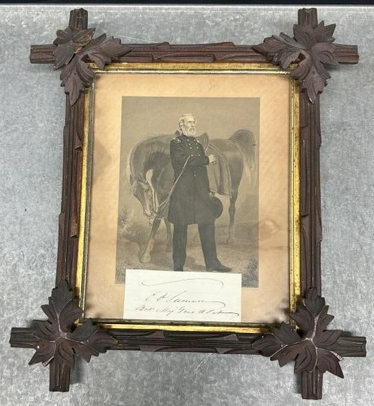 Edwin Vose Sumner autograph, Union Major General, in Victorian period frame with engraving. The: Edwin Vose Sumner autograph, Union Major General, in Victorian period frame with engraving. The frame measures 16" x 13.5". From estate in Scranton, Pa. of a Civil War enthusiast.