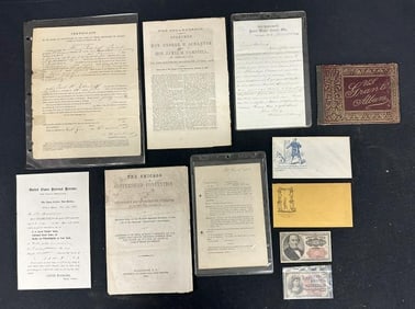 Civil War related lot of documents, pamphlets, (2) Fractional Currency, (2) envelopes, General Grant