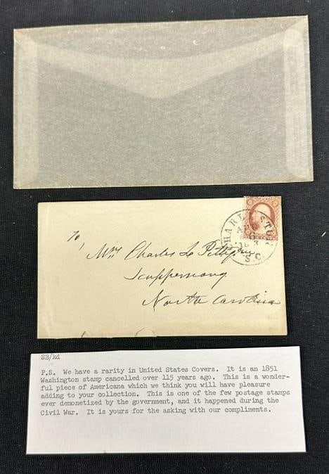 1851 George Washington cancelled stamp on envelope, cancelled in Charleston, South Carolina. It was: 1851 George Washington cancelled stamp on envelope, cancelled in Charleston, South Carolina. It was with all the Civil War autographs, with attached note, as we found it.