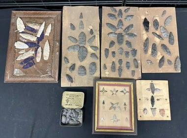 Estate lot of arrowheads, just as they were found, some came off the boards and are loose in the