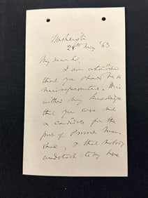 Charles Sumner signed letter, dated May 28, 1863. Before and during the American Civil War, he was a