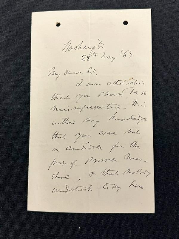 Charles Sumner signed letter, dated May 28, 1863. Before and during the American Civil War, he was a: Charles Sumner signed letter, dated May 28, 1863. Before and during the American Civil War, he was a leading American advocate for the abolition of slavery. From an estate in Ulster County, New York.