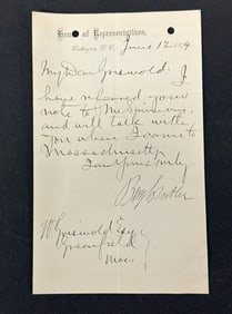 Benjamin Franklin Butler signed one page letter, dated June 12, 1874, on House of Representatives