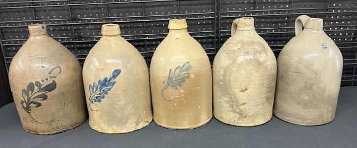 (5) 2 gallon stoneware jugs, (3) decorated with blue, all have damage, some worse than others, all: (5) 2 gallon stoneware jugs, (3) decorated with blue, all have damage, some worse than others, all handles are intact. One from Keene, N.H., L. WILLARD & SONS, from Hudson Valley estate, just as we fo