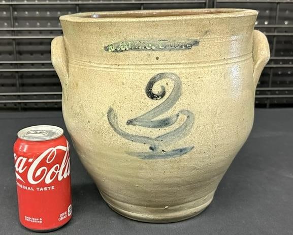 N. WHITE UTICA (2) gallon stoneware crock, nice overall condition, just as we found it in Hudson: N. WHITE UTICA (2) gallon stoneware crock, nice overall condition, just as we found it in Hudson Valley estate.