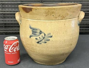 Decorated stoneware crock with flower, no Maker's name, ( has faint hairline as pictured ), small