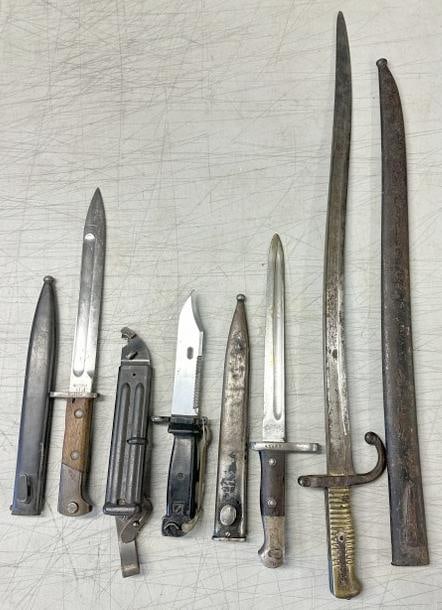 (4) Military bayonets & knives, all with sheaths, just as we found them in a Hudson Valley estate,: (4) Military bayonets & knives, all with sheaths, just as we found them in a Hudson Valley estate, one knife is Yugoslavian…..