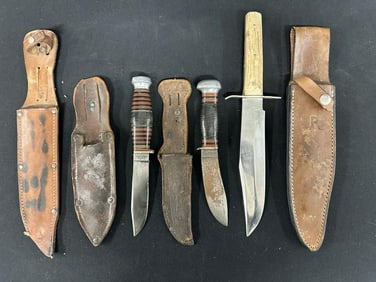 (3) older fix blade knives incl. REMINGTON, CASE & SOLINGEN GERMANY ( the larger one ), as is
