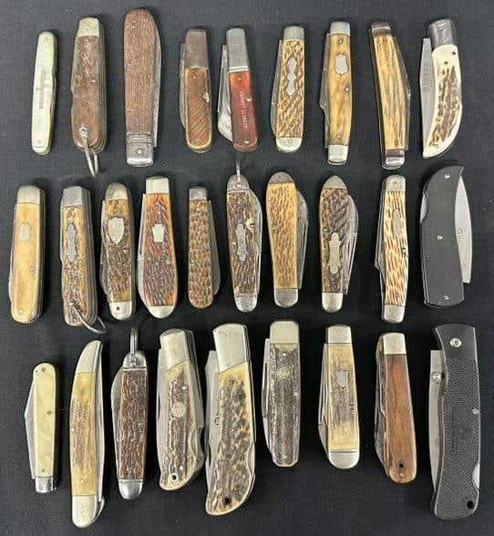 (28) vintage and not so vintage pocket knives, ( I saw one with a broken small blade ), just as we: (28) vintage and not so vintage pocket knives, ( I saw one with a broken small blade ), just as we found them in drawers all through the estate in the Hudson Valley. I saw one Remington…..Good lot f