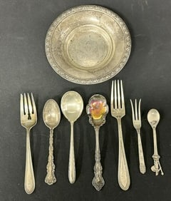 STERLING SILVER misc. estate lot ( smallest spoon is marked 800 ), total weight is 8.26 troy ounces.
