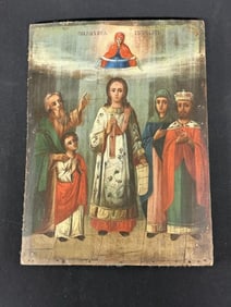 Antique Russian Orthodox icon of the Intercession of the Virgin, most likely early 20th century,