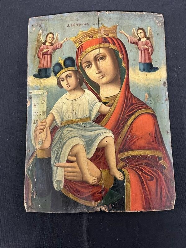 Ukrainian hand painted Orthodox icon, possibly late 19th c or early 20th c, depicting the: Ukrainian hand painted Orthodox icon, possibly late 19th c or early 20th c, depicting the Smolenskaya Mother of God , the icon portrays the Virgin Mary holding the Child Jesus, has age split down the 