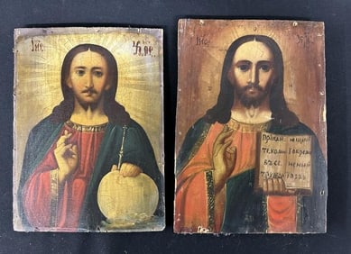 (2) vintage Orthodox icons of Jesus Christ, both painted on wood boards, good overall condition,