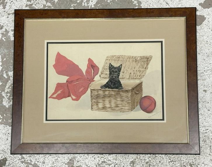 Fabulous Marguerite Kirmse (1885 - 1954) w/color Scottish Terrier pup in wicker basket, with ribbon: Fabulous Marguerite Kirmse (1885 - 1954) w/color Scottish Terrier pup in wicker basket, with ribbon and ball, signed lower right, beautifully framed and matted, in fine condition. Painting measures 10