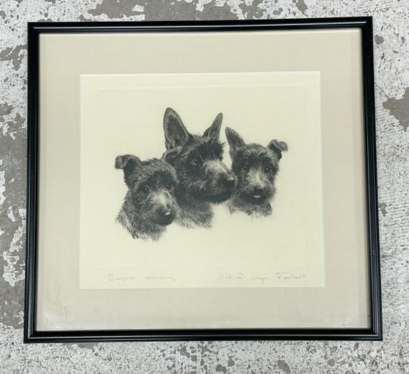 Curt Meyer-Eberhardt (1895 - 1977) signed engraving with (3) Scotties, fine condition, pencil signed: Curt Meyer-Eberhardt (1895 - 1977) signed engraving with (3) Scotties, fine condition, pencil signed lower right, engraving measures 12" x 13.5", the frame measures 18.5" x 20". From the estate of wor