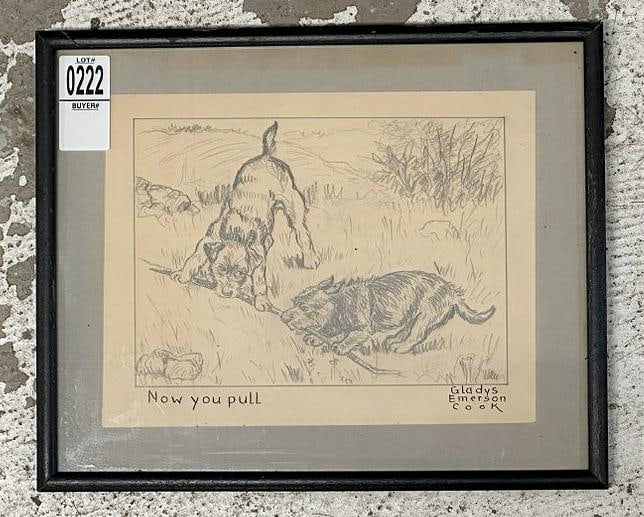 Gladys Emerson Cook (1899 - 1976) signed pencil drawing of two Scottish Terriers titled ( NOW YOU: Gladys Emerson Cook (1899 - 1976) signed pencil drawing of two Scottish Terriers titled ( NOW YOU PULL ), drawing measures 6.5" x 8", the frame measures 9" x 11", nice condition. From the estate of wo