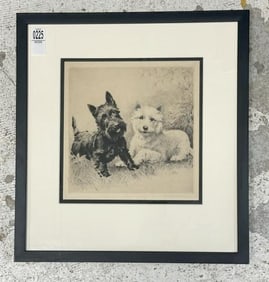 Morgan Dennis (1892 - 1960) signed etching of (2) Scottish Terriers, one black, one white, nicely
