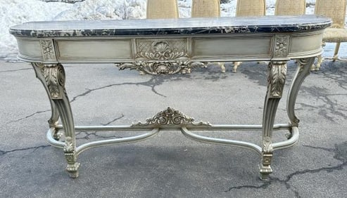 Decorative contemporary marble top console-sideboard, nice carvings, has one long deep drawer,