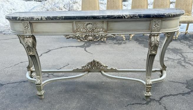 Decorative contemporary marble top console-sideboard, nice carvings, has one long deep drawer,: Decorative contemporary marble top console-sideboard, nice carvings, has one long deep drawer, marble top in fine condition, and table is structurally sound, measures 78" wide x 24" deep x 38" high. F