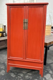 Asian red lacquered (2) door cabinet, with (2) drawers inside, with storage on top and below the