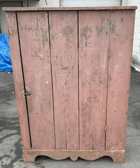 Hudson Valley country one door salmon paint cupboard, shelves intact inside, great form,: Hudson Valley country one door salmon paint cupboard, shelves intact inside, great form, structurally sound, measures 53.5" high x 38.5" wide x 14.5" deep. From Dutchess County farmhouse.