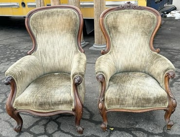 (2) wonderful Victorian armchairs in faded light green fabric, both structurally sound, upholstery