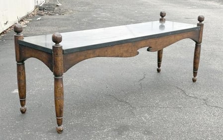 Unusual form older black slate top coffee table, wonderful form and patina, structurally sound, from