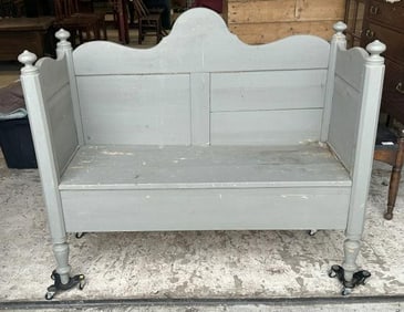 Nice older country pine bench with gray paint, nice form, pegged construction, great form,
