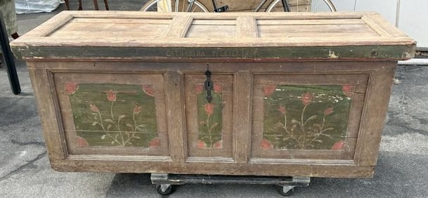 Wonderful Continental oversized painted storage chest, 19th century, wonderful worn patina,
