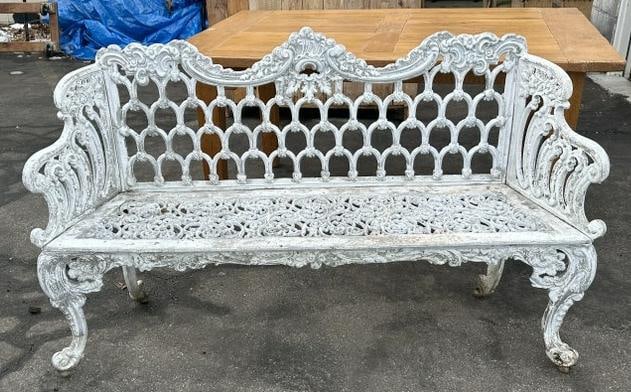 Wonderful cast aluminum older garden bench in older white paint, nice condition, great form, from: Wonderful cast aluminum older garden bench in older white paint, nice condition, great form, from Dutchess County home, measures 57" wide x 18" deep x 34" high