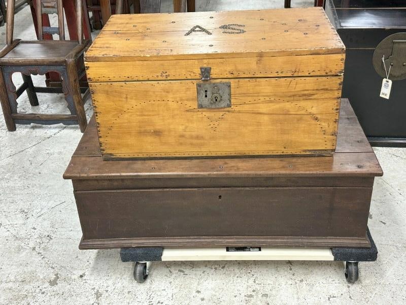 (2) older wood storage boxes, one with AS on top, other is walnut, both intact, from estate in Hyde: (2) older wood storage boxes, one with AS on top, other is walnut, both intact, from estate in Hyde Park, N.Y. They measure 34" x 18" x 11" (walnut one ), and 26" x 15" x 12". (one with AS on top ).