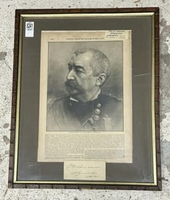 Civil War Lt. General Philip Henry Sheridan autograph, framed with Newspaper image of him, the frame