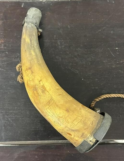 Early engraved identified powder horn with Indian, animals, snakes, birds, weapons, and Indian in: Early engraved identified powder horn with Indian, animals, snakes, birds, weapons, and Indian in headdress standing with arms folded. Owners name engraved ( WM. CONFARR ), also engravers name ( A. TU