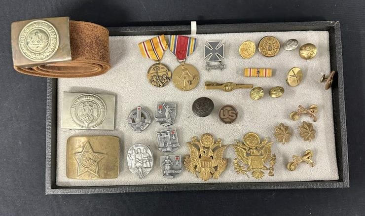 Misc. Military lot to include German belt buckles, some pinbacks, some USA, some other foreign, just: Misc. Military lot to include German belt buckles, some pinbacks, some USA, some other foreign, just as we found them in the estate.