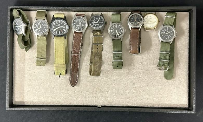 Estate Men's watch lot incl. Military style, some older than others, a few contemporary, just as we: Estate Men's watch lot incl. Military style, some older than others, a few contemporary, just as we found them in drawers throughout the estate. Names include ( EDDIE BAUR, SMITH & WESSON, HAMILTON KH