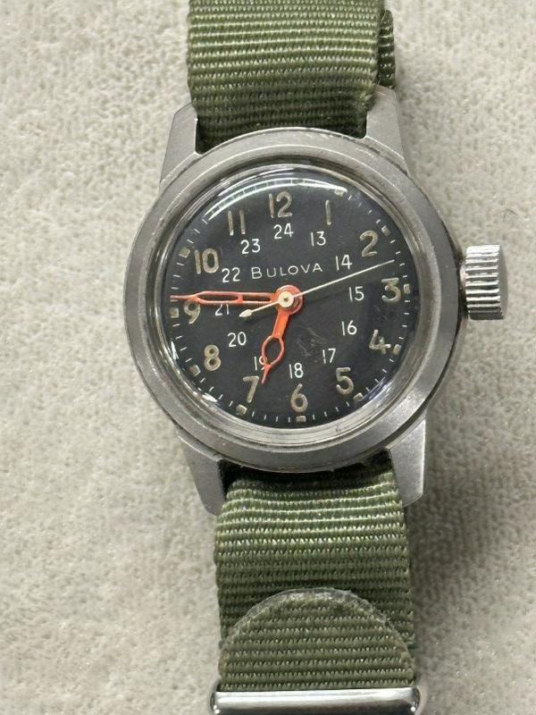 BULOVA Military wrist watch, running, just as we found it in local estate.: BULOVA Military wrist watch, running, just as we found it in local estate.