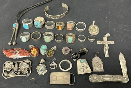 Estate sterling jewelry, including rings, some with turquoise, bolo, buckle, pocket knife, etc. Good