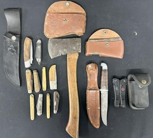 Estate lot axe, Marbles axe head, as found pocket knives ( most pocket knives have a broken blade ),