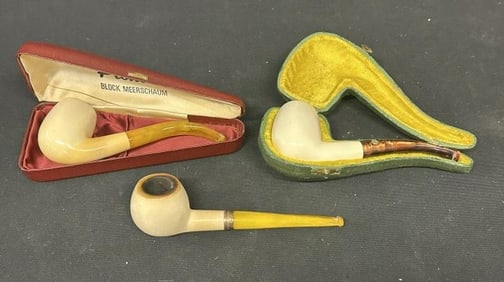 (3) vintage MEERSCHAUM pipes, from local estate collection, I see no damage or repairs, (2) with