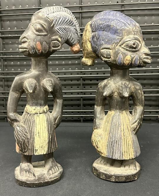 (2) Nigerian wood carved and polychromed figures, from estate in Hyde Park, N.Y. In overall nice: (2) Nigerian wood carved and polychromed figures, from estate in Hyde Park, N.Y. In overall nice condition, with nice patina. They measure 13" high.