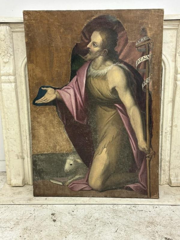 Felice Damiani (1530 - 1608) ATTRIBUTED TO - o/c Saint John the Baptist and Mystic Lamb, in estate: Felice Damiani (1530 - 1608) ATTRIBUTED TO - o/c Saint John the Baptist and Mystic Lamb, in estate found condition. Painting measures 46" x 32". The old canvas was laid down at some point on a canvas,