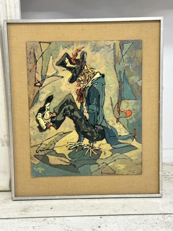 Pierre Catton (French, b. 1903) impressionist o/b of clown, nice condition, in Mid Century frame: Pierre Catton (French, b. 1903) impressionist o/b of clown, nice condition, in Mid Century frame with fabric background. Signed lower left, painting measures 22" x 18", the frame measures 29" x 25". F