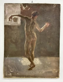 Circa 1940's o/c study of nude man, unsigned, has some paint scuffs, unframed, from Albany, N.Y.