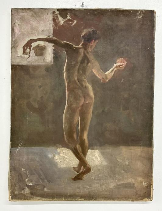 Circa 1940's o/c study of nude man, unsigned, has some paint scuffs, unframed, from Albany, N.Y.: Circa 1940's o/c study of nude man, unsigned, has some paint scuffs, unframed, from Albany, N.Y. estate, painting measures 24" x 18".