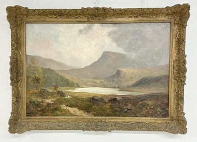 John Bedloe Goddard (1838 - 1896) o/c landscape with waterway and mountains in background, signed