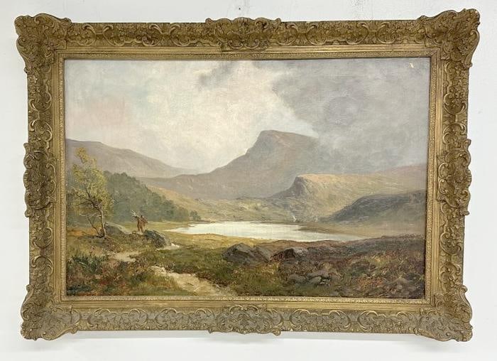 John Bedloe Goddard (1838 - 1896) o/c landscape with waterway and mountains in background, signed: John Bedloe Goddard (1838 - 1896) o/c landscape with waterway and mountains in background, signed lower right, in frame of the period. Painting measures 20" x 30", the frame measures 26" x 35.5". In n