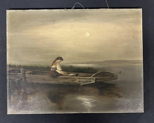 19th c o/c young woman sitting on dock, mountains in background, unsigned, nice condition, not: 19th c o/c young woman sitting on dock, mountains in background, unsigned, nice condition, not framed. Painting measures 13" x 17", from Albany, N.Y. estate.