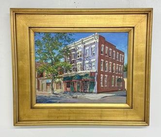 Oil canvas cityscape, possibly Dutchess County, New York, signed ( NESTOR, dated 1988 ), has label