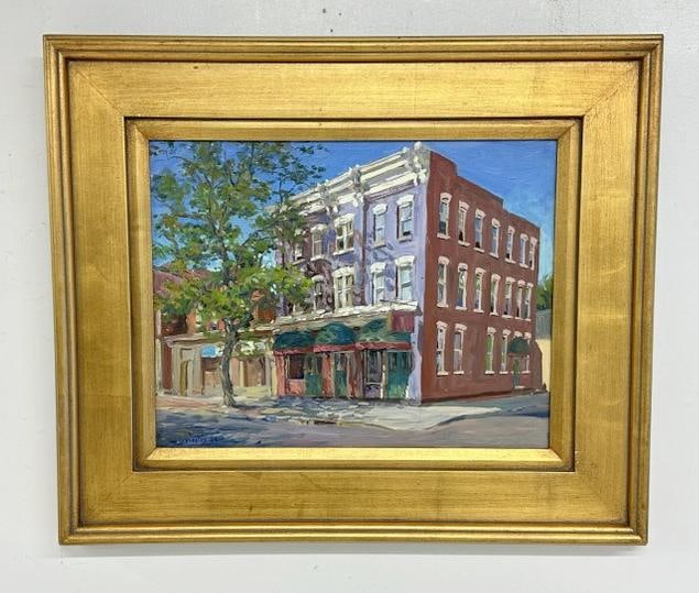 Oil canvas cityscape, possibly Dutchess County, New York, signed ( NESTOR, dated 1988 ), has label: Oil canvas cityscape, possibly Dutchess County, New York, signed ( NESTOR, dated 1988 ), has label on back from ( DUTCHESS COUNTY ART ASSOCIATION SPRING PAINT OUT 6/12/2010, BEACON, N.Y. ), In very ni