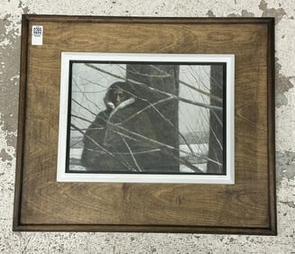 William Thomson (20/21st century) egg tempera titled ( NORTHERN HIDEOUT ), in unique custom frame,